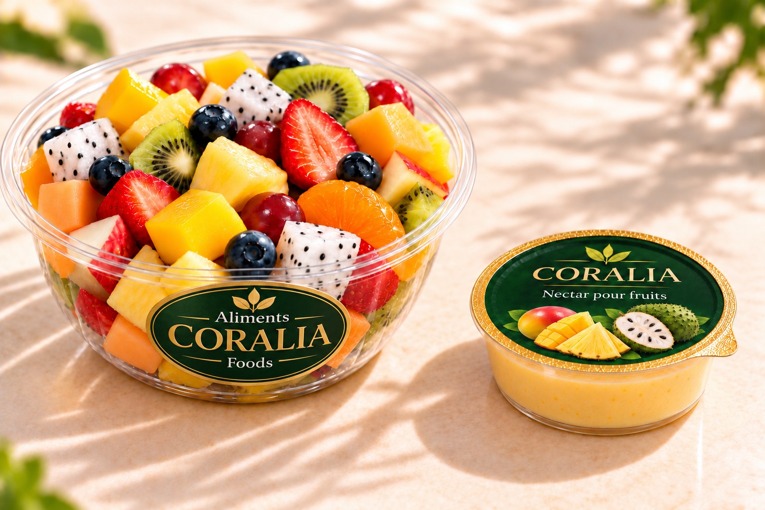 A fruit salad with Coralia nectar in a separate container