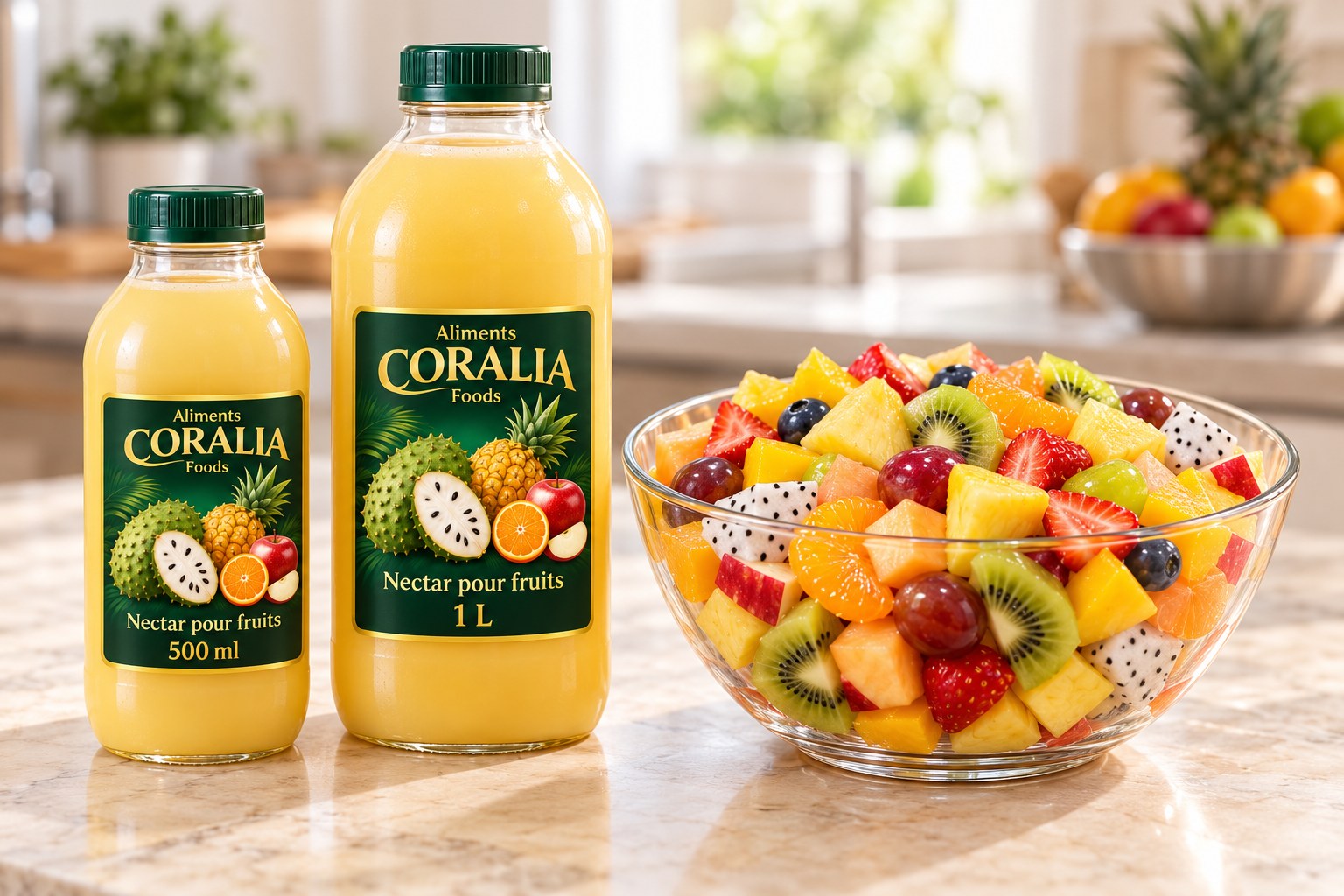 Illustrative Coralia nectar bottles with a fruit salad