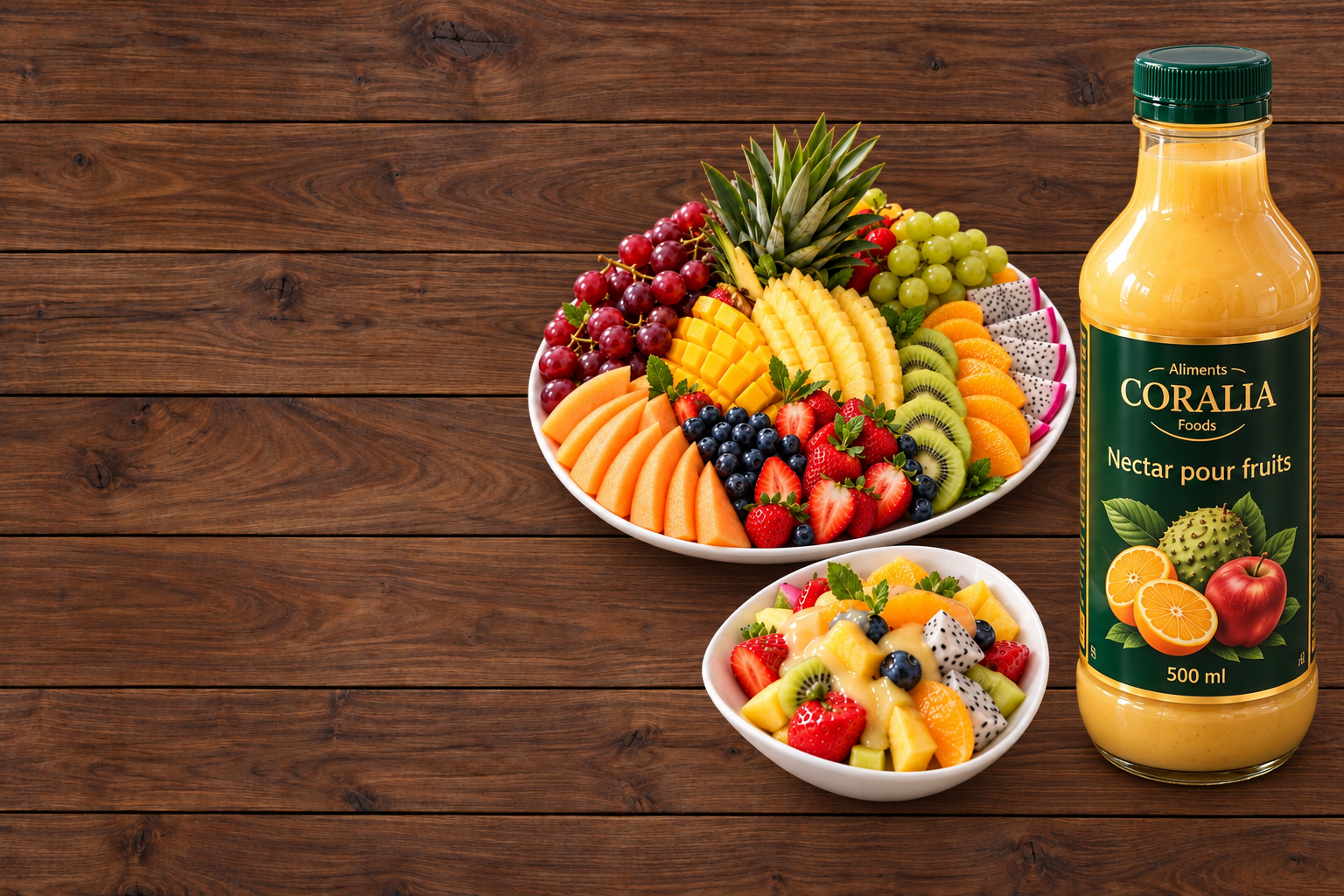 Fresh fruit platter with Coralia nectar and a fruit dessert