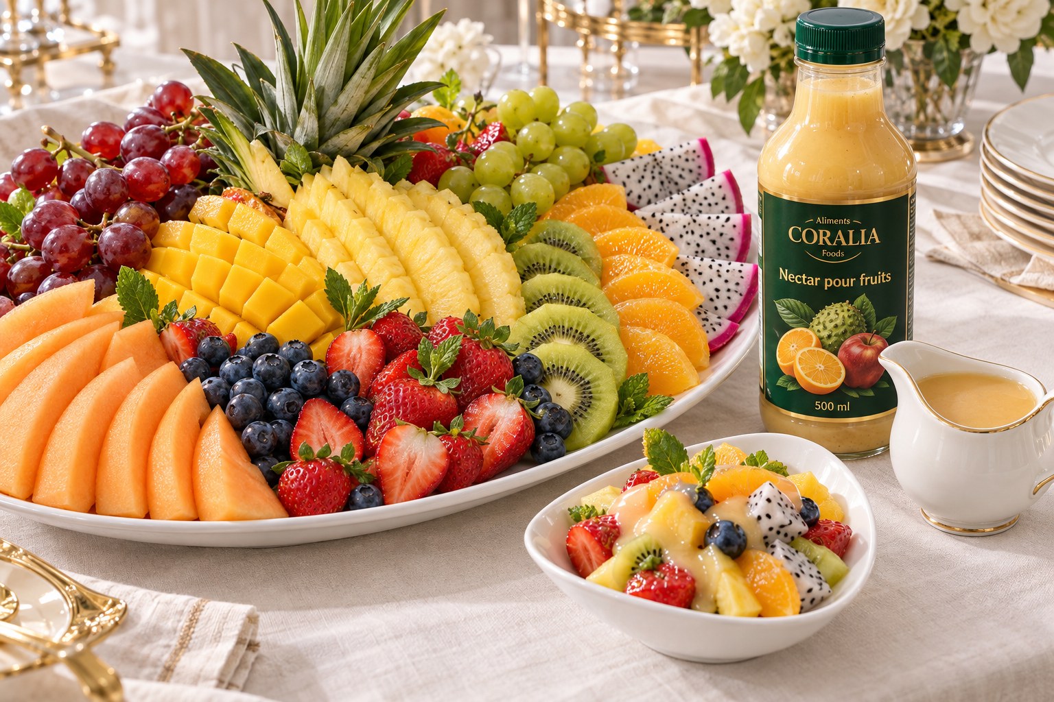 Coralia nectar alongside a fruit salad